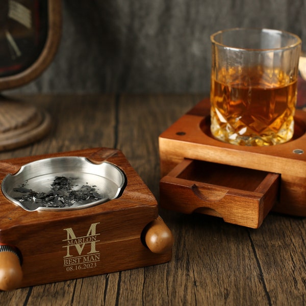 Personalisierter Whisky & Zigarrenablage Glashalter Aschenbecher Whisky, Trauzeugen-Geschenkbox-Set, 2 in 1 Zigarrenaschenbecher aus Holz mit Whiskyglashalter