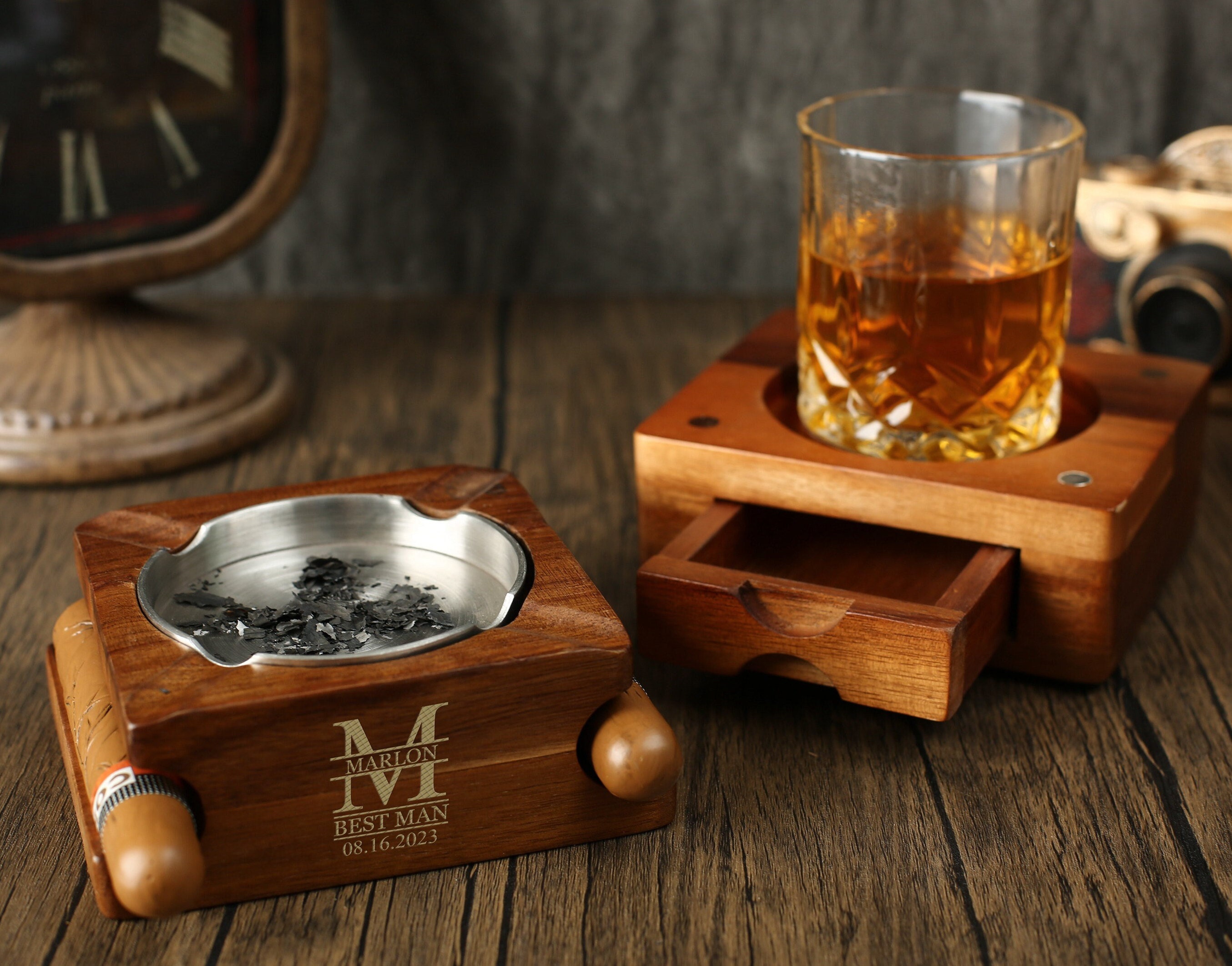 KOVOT Cigar Ashtray and Whiskey Glass Tray – Exquisite Rustic Wooden Tray  with Cocktail Glass Coaster – Wood Cigar Ashtray with Slot to Hold Cigar –
