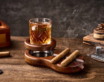 Personalized Whiskey & Cigar Tray Glass Holder Ashtray Whiskey, 2 in 1 Wooden Cigar Ashtray With Whiskey Glass Holder, Great Gifts for Men