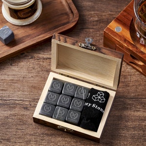 Personalized Whiskey Stones Set: Marble Chilling Cubes in Wooden Box
