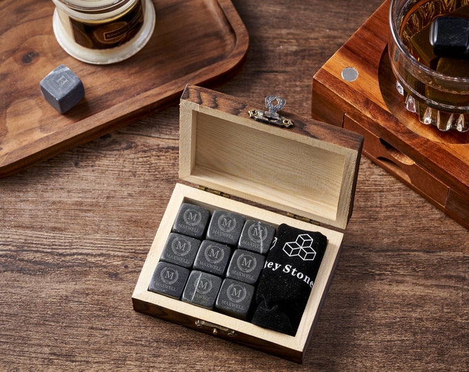 Personalized Whiskey Stones Set: Marble Chilling Cubes in Wooden Box