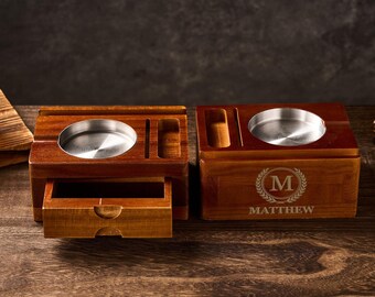 Personalized Whiskey & Cigar Tray Glass Holder Ashtray, Multifunction Wooden Cigar Ashtray With Whiskey Glass Holder, Great Gifts for Men