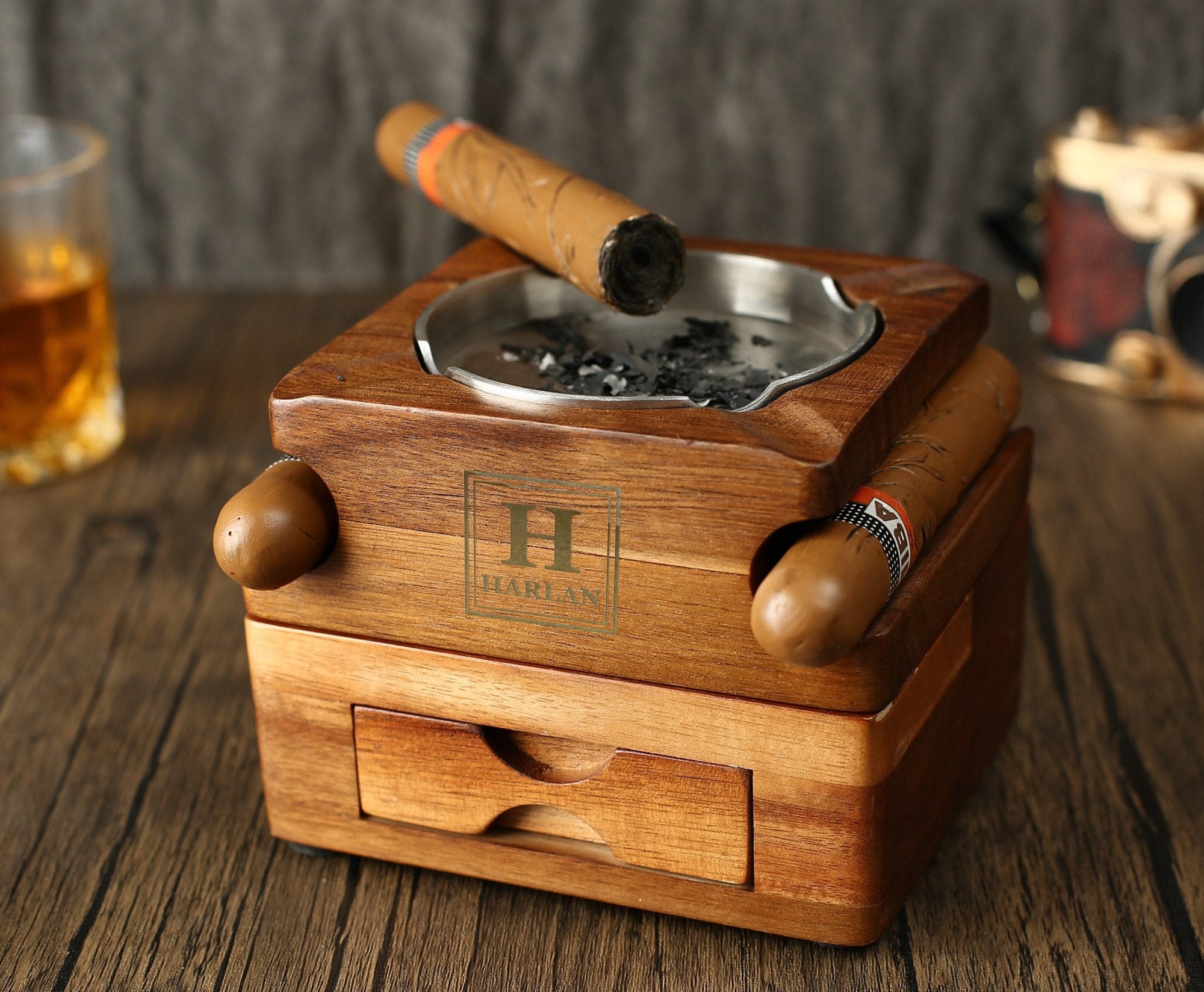 Cigar Ashtray Whiskey Glass Tray - Wood Ash Tray with Slot Hold Cigar,  Cigar Whiskey Accessories Set Gift for Men Dad, Cigar Holder with Drawer  for Home, Office, Bar 