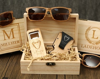 Personalized Groomsmen Gift Set: Engraved Wooden Box, Sunglasses, Bottle Opener & Money Clip