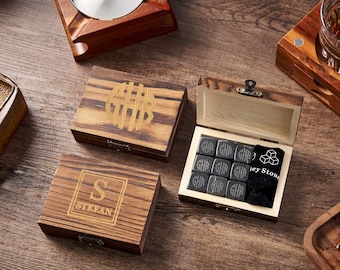 Personalized Whiskey Stone Set: Groomsmen Gift with Engraved Wooden Box
