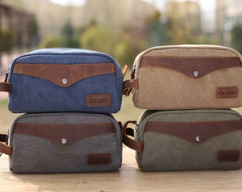 Personalized Canvas Dopp Kit: Leather Trim Toiletry Bag, Groomsmen Gift