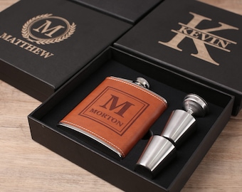 Personalized Brown Leather Flask Set: Groomsmen Gift Box