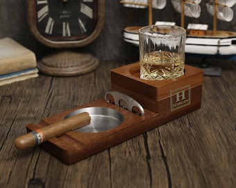 Cendrier personnalisé whisky et porte-cigares en verre whisky, cendrier à cigares en bois 2 en 1 avec support en verre à whisky, excellents cadeaux pour homme