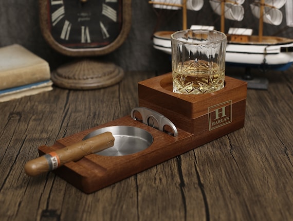 Personalized Whiskey & Cigar Tray Glass Holder Ashtray Whiskey, 2 in 1 Wooden Cigar Ashtray With Whiskey Glass Holder, Great Gifts for Men