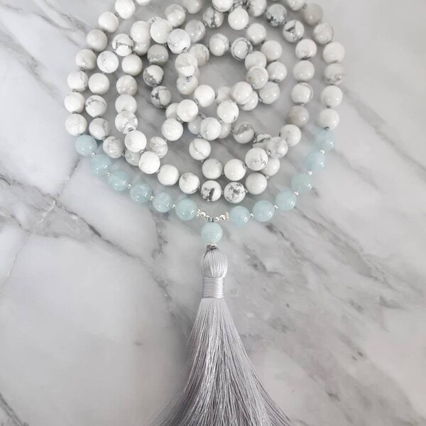 Serenity Mala- Howlite and Aquamarine Mala- 108 bead Mala Necklace -Handmade Mala