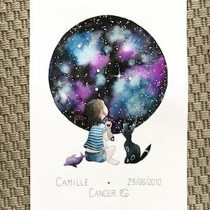 Illustration personnalisée enfant et signe du zodiaque