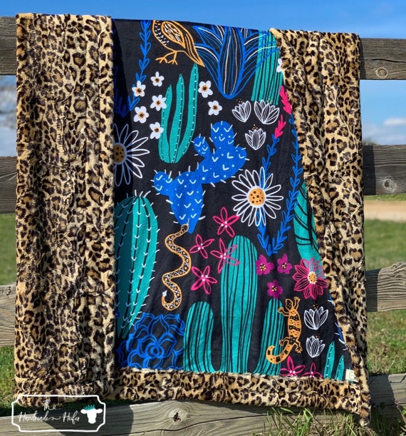 Cactus and Leopard Minky Adult and Baby Sized Blanket by The Handmade