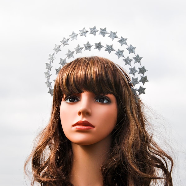 Silver stars halo crown Celestial headpiece Bright girls headdress Christmas star headband winter holiday hairpiece