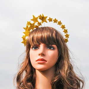 Gold star moon headband crown Selestial headpiece Christmas party star hair piece Star halo crown Bridal star tiara Bourlesque headpiece