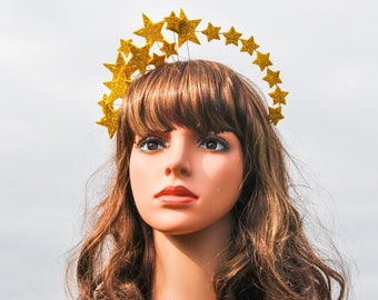 Gouden ster maan hoofdband kroon Selestial hoofddeksel Kerstfeest ster haarstuk Ster halo kroon Bruidsster tiara Bourlesque hoofddeksel