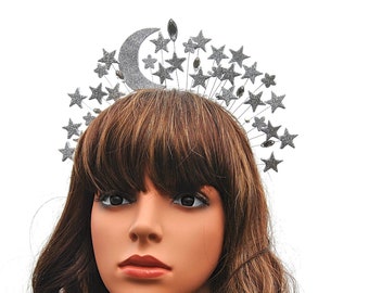 Moon headpiece star crown silver Woman headband Celestial headpiece Galaxy crystal tiara Star halo crown