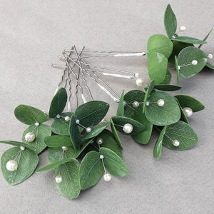 Eucalyptus hair pins Bridal hair piece pearl greenery