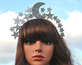 Silber Stern Mond Kopfschmuck Weihnachten hell himmlischen Kopfschmuck Urlaub Sterne Krone Tiara Neujahr Stirnband Halloween Krone