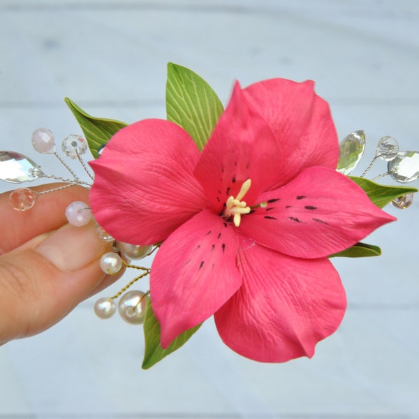 Hawaii flower hair clip Tropical wedding hair clip hot pink headpiece Hawaiian wedding hair piece Flower wrist corsage lily