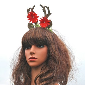 Antler headband Deer headpiece Christmas holiday deer antlers Winter antlers with ears headband Reindeer flower horns