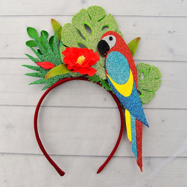 Parrot headband tropical floral headpiece Monstera palm leaves festival crown Tropical party costume Flower carnival fascinator