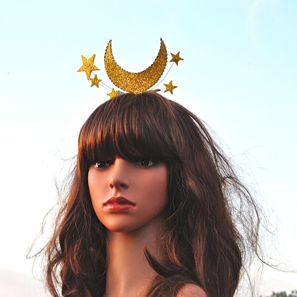 Moon headpiece Celestial hair clip Gold luna hair piece Star crown tiara