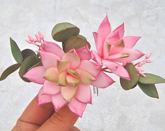 Succulent hair comb Eucalyptus bridal hair piece Pink succulent wedding hair clip Flower hair accessory for women