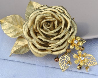 Gold hair clip Bridal hair piece golden leaves Fall wedding floral hair comb Elegant bridal headpiece Golden flower hair piece