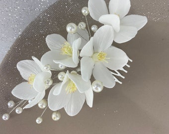 Apple blossom hair comb Wedding flower hair clip White blossom bridal hair piece cherry pearl