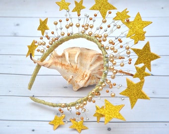 Gold star crown headband Celestial headpiece gold stars halo tiara Christmas tiara