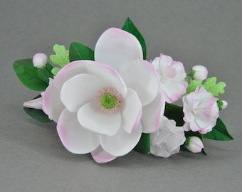 Handmade White Magnolia Bridal Hair Clip, Floral Hair Piece