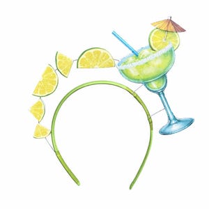 May include: A novelty headband with a margarita and lime theme. The green headband is decorated with yellow lime slices and a margarita glass with a blue stem, a blue straw, and a small umbrella. Ideal for a summer party or themed event.