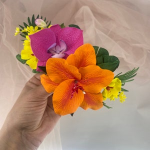 Tropical Flower Hair Clip, Hawaiian Wedding Headpiece, Foam Orchid & Palm