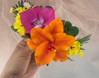 Tropical hair clip wedding Hawaiian headpiece Beach wedding hair clip Exotic flower hair comb Monstera, orchid, lily, palm leaves