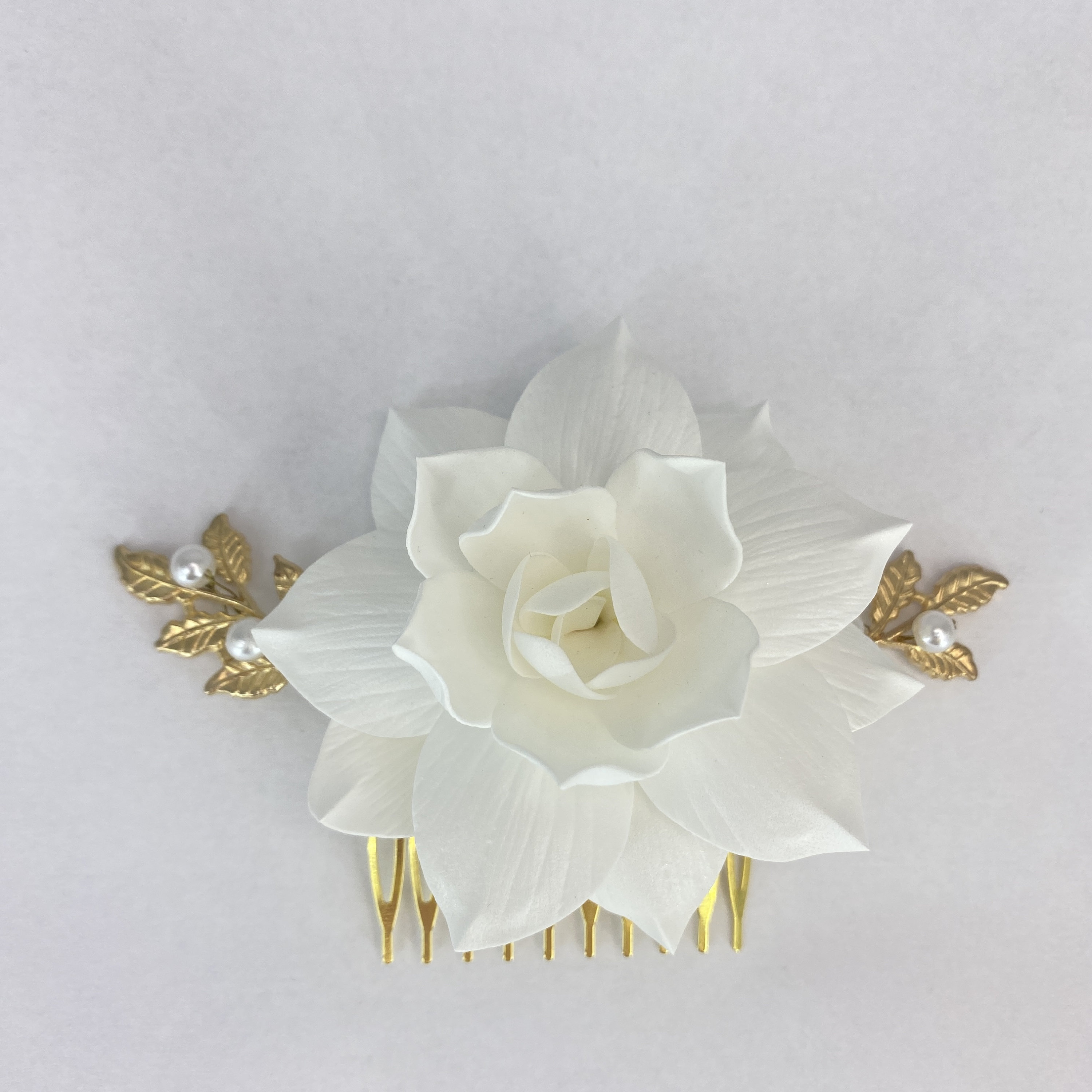 Handmade Gardenia Bridal Hair Comb, Gold Leaf & Pearl  display picture 1