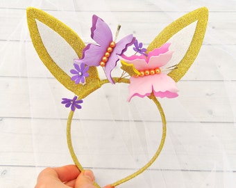 Bunny ears baby headband Butterfy baby girl headpiece Bunny floral crown Easter rabbit ears