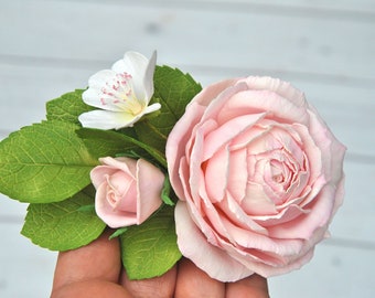 Camelia flower hair clip Dusty rose wedding hair piece Light pink bridal hair accessory Flower headpiece blush