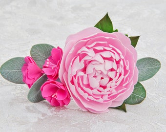 Pink bridal hair clip Wedding flower hair clip for bride Pink peony hair piece floral Eucalyptus wedding headpiece