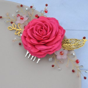 Rode bloem haar kam Bruiloft haar stuk Bruidsbloem haar clip Kristal haar accessoire Bourgondië bruiloft hoofddeksel