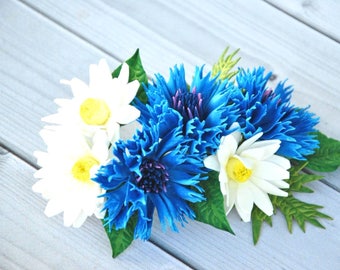 Cornflower hair comb Wildflowers bridal hair pins Blue and white wedding hair flower Bridal wildflower country barn hair piece