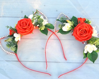 Cat ears headband floral Flower girl headband red roses