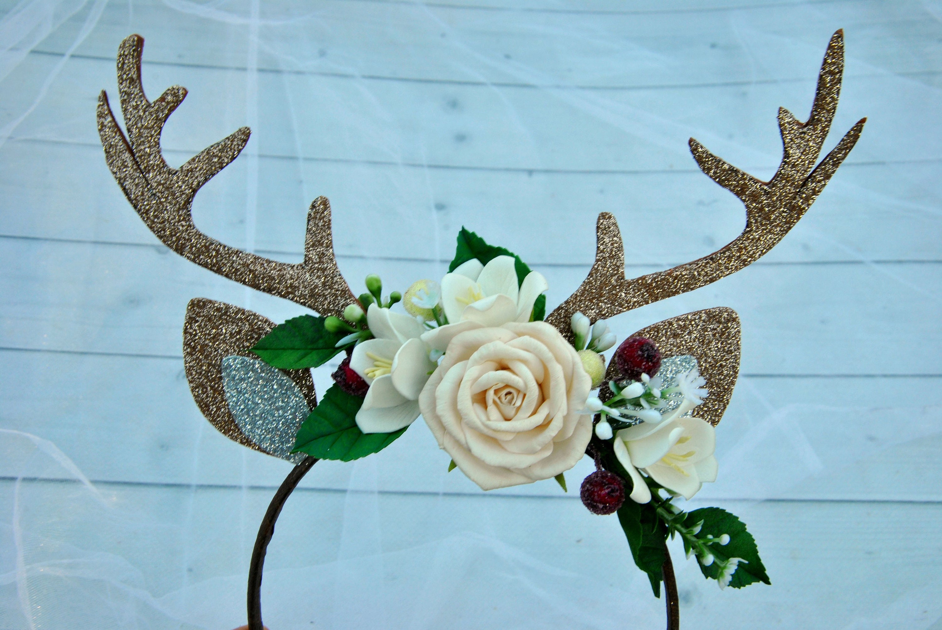 Floral Deer Antler Headband, Christmas Crown Headpiece - Etsy