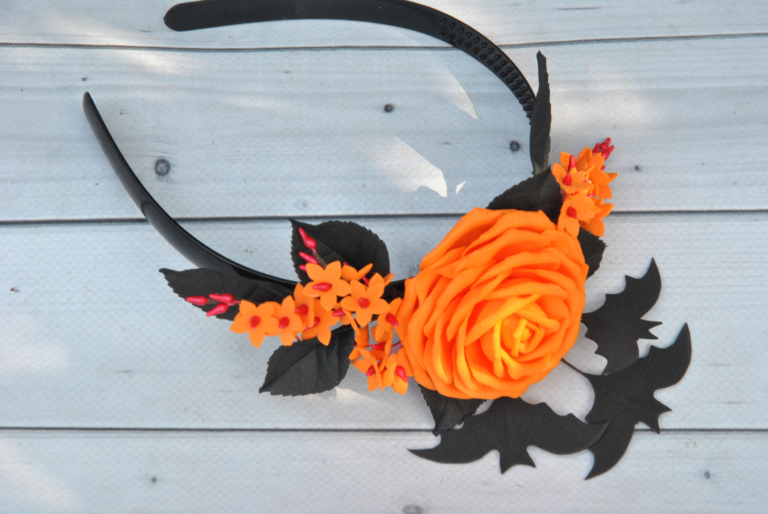 Halloween Headband: Black Bat Wings & Orange Rose Flower  display picture 2