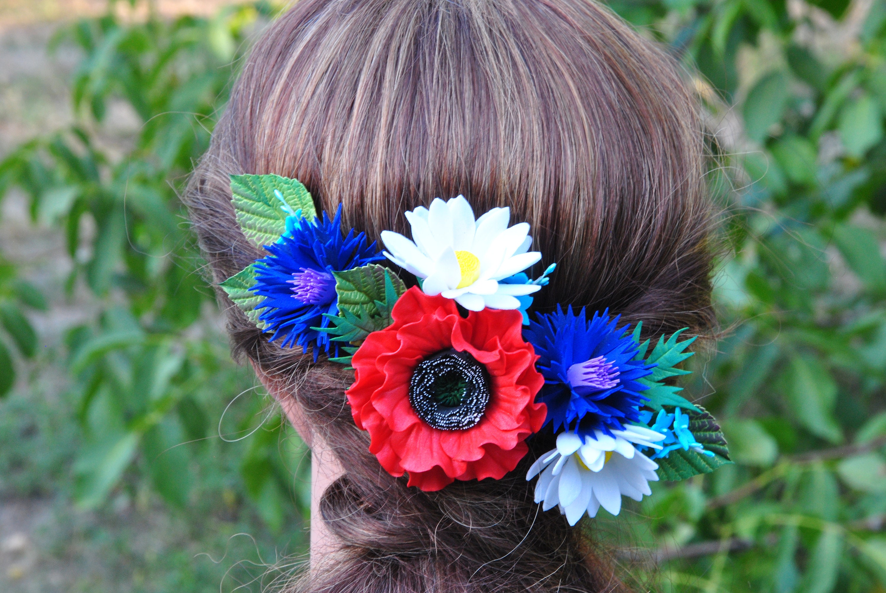 Ukrainian Flower Hair Clip, Red Poppy Blue Cornflower Hair Piece