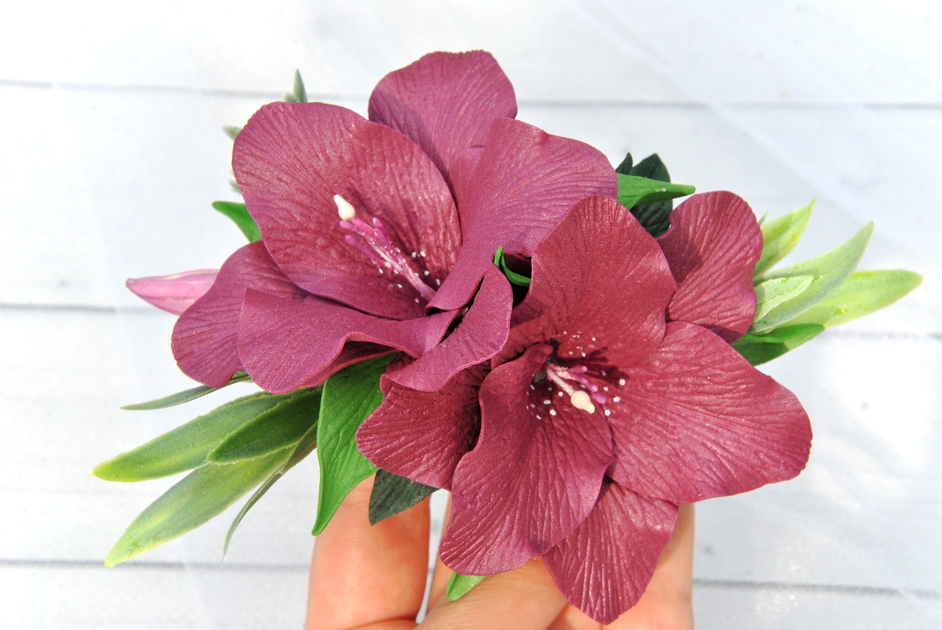 Lily hair clip burgundy Tropical wedding hair piece Lilies Etsy