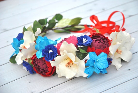 Red White and Blue Flower Crown Bridal Hair Piece Peony Lily