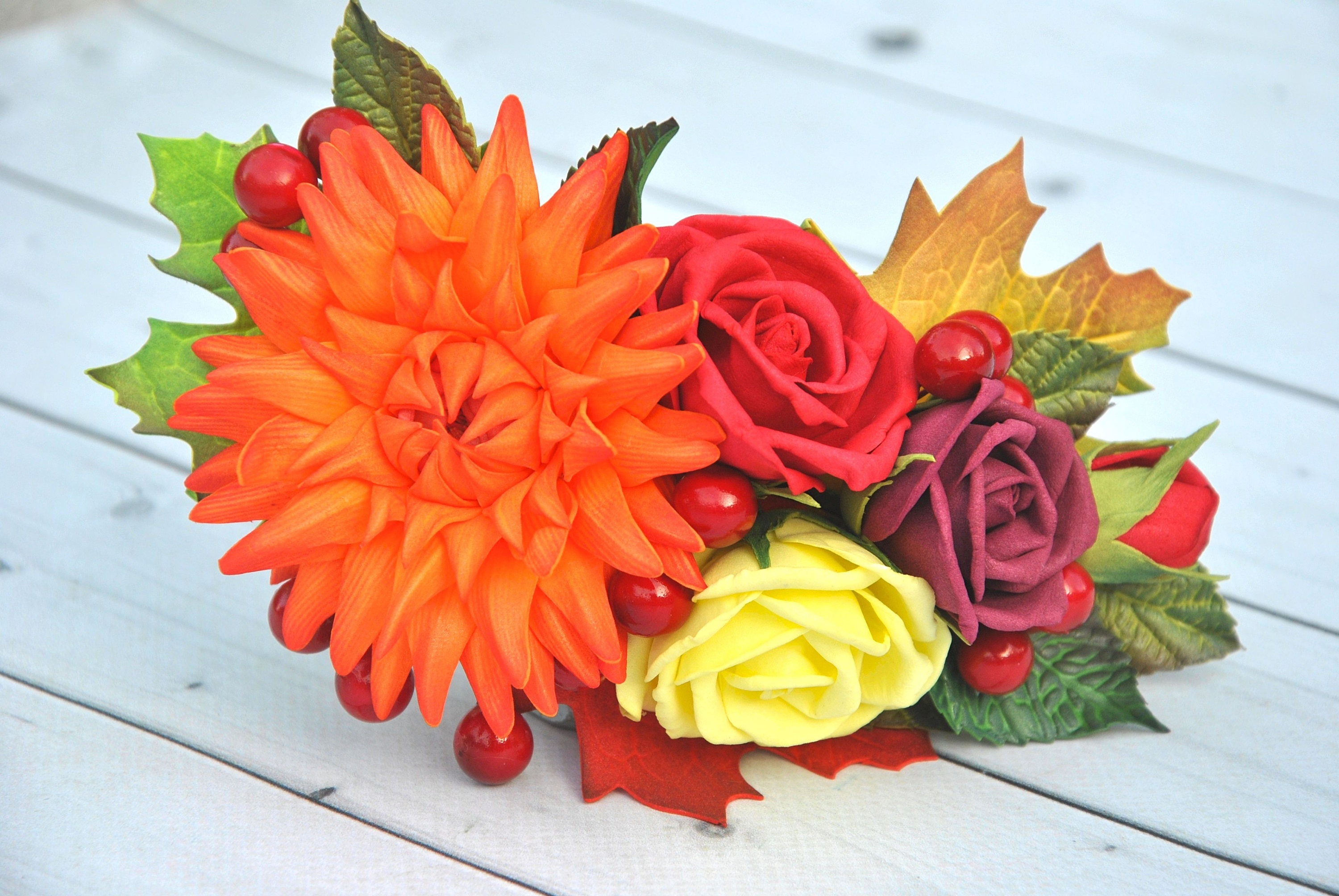 Fall wedding flower hair comb Bridal hair piece red orange Etsy