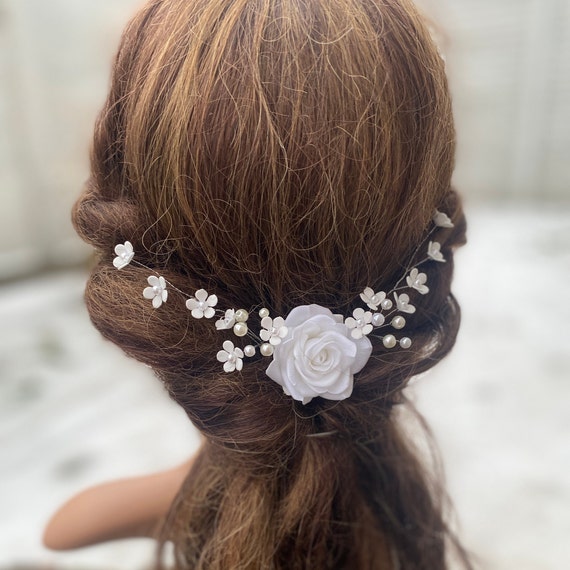 Cerchietto Per Capelli Da Sposa Con Fiori Bianchi E Perle, Accessorio Elegante Per Matrimonio E Damigelle