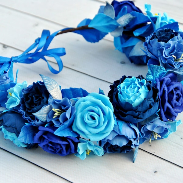 Blue flower crown wedding Flower girl crown Navy blue rose peony headpiece Floral hair wreath wrist corsage and boutonniere