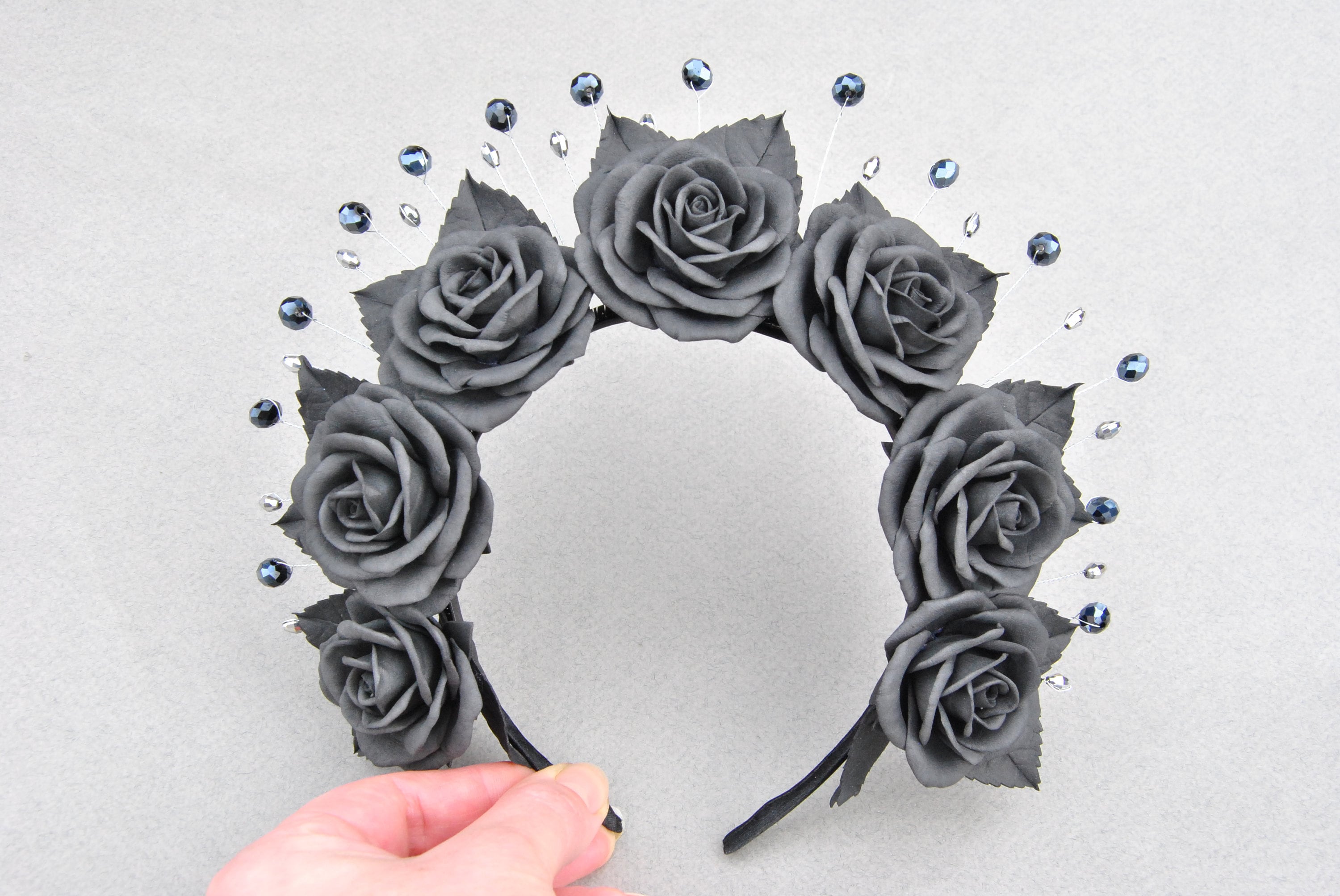 Halloween Vintage Rose Floral Gothic Crown Headpiece 5pcs Black Rose Flower Crown: Gothic Halloween Wedding Headpiece  main image 4